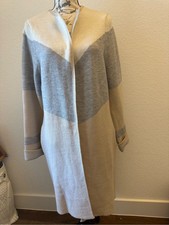 Adrienne Vittadini Cream Light Gray Colorblock Long Open Cardigan