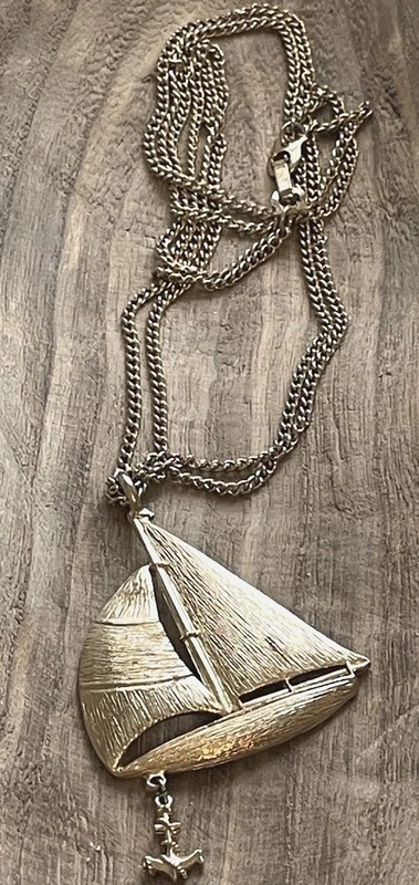Vtg Estate Sailboat Gold Tone Necklace Double Chain Anchor Charm 30" Costalcore