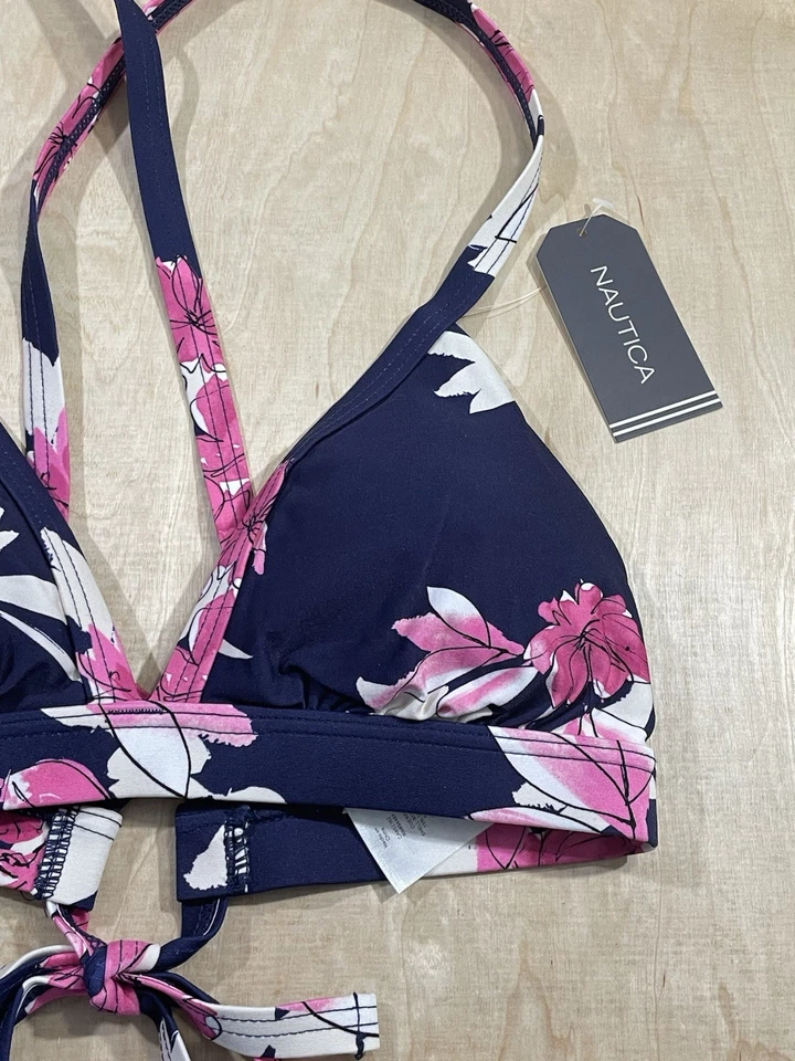 Top de bikini Nautica azul marino y rosa floral tirantes entrecruzados. Talla pequeña nueva con etiquetas Foto 2 de 4