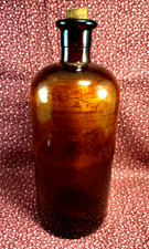 1930's Large Amber Glass Apothecary Bottle 9.25" Tall 3.5" Diameter With Cork