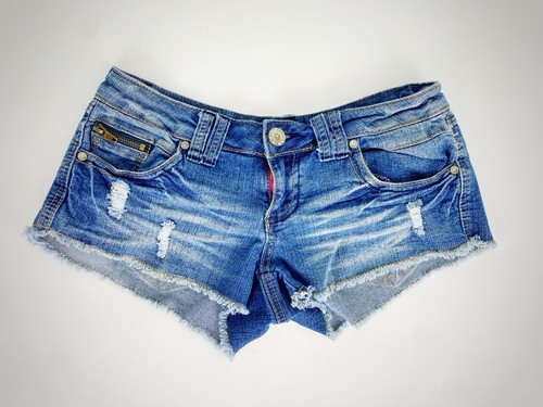Y2K Almost Famous Low Rise Micro Denim Jean Shorts Junior Sz 5 Distressed Hem