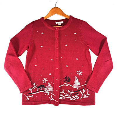 CHRISTOPHER & BANKS Women's Button Down Sweater Snowflakes Red White Black SMALL