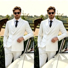 Striped Men's Suits Double Breasted Coat 2Pcs Business White Peak Lapel Tuxedos