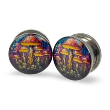 Pair of Screw on Mushroom Style 1 Picture Plugs gauges 16g thru 1 inch