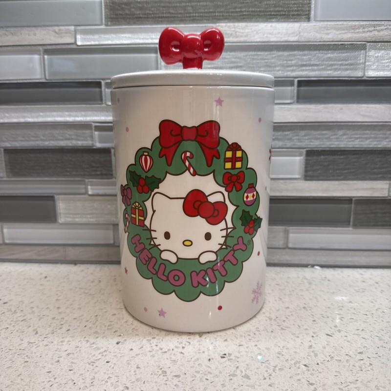 New Hello Kitty Christmas Wreath Ceramic Canister Dog Pet Treat Snack Candy Jar