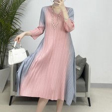 Women's Summer Loose Long Wrinkle Dress 3/4 Sleeve Fashion Pleated Gown