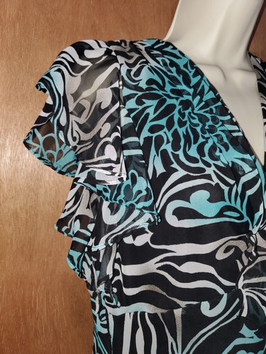 Karin Stevens Dress Size 12 Black/White/Aqua Sheer Layered V-Neck Ruffles - Picture 6 of 6