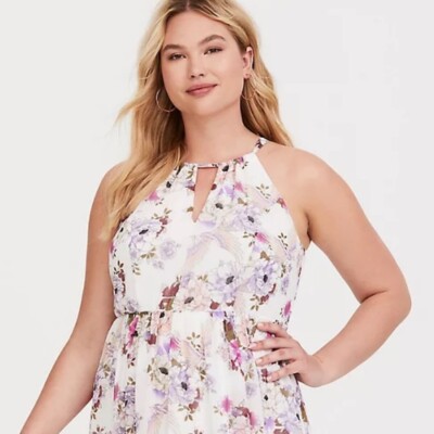 white floral print halterneck chiffon midi dress Adrianna Papell Floral Pleated Chiffon Dress Women's Dress Blue : 12