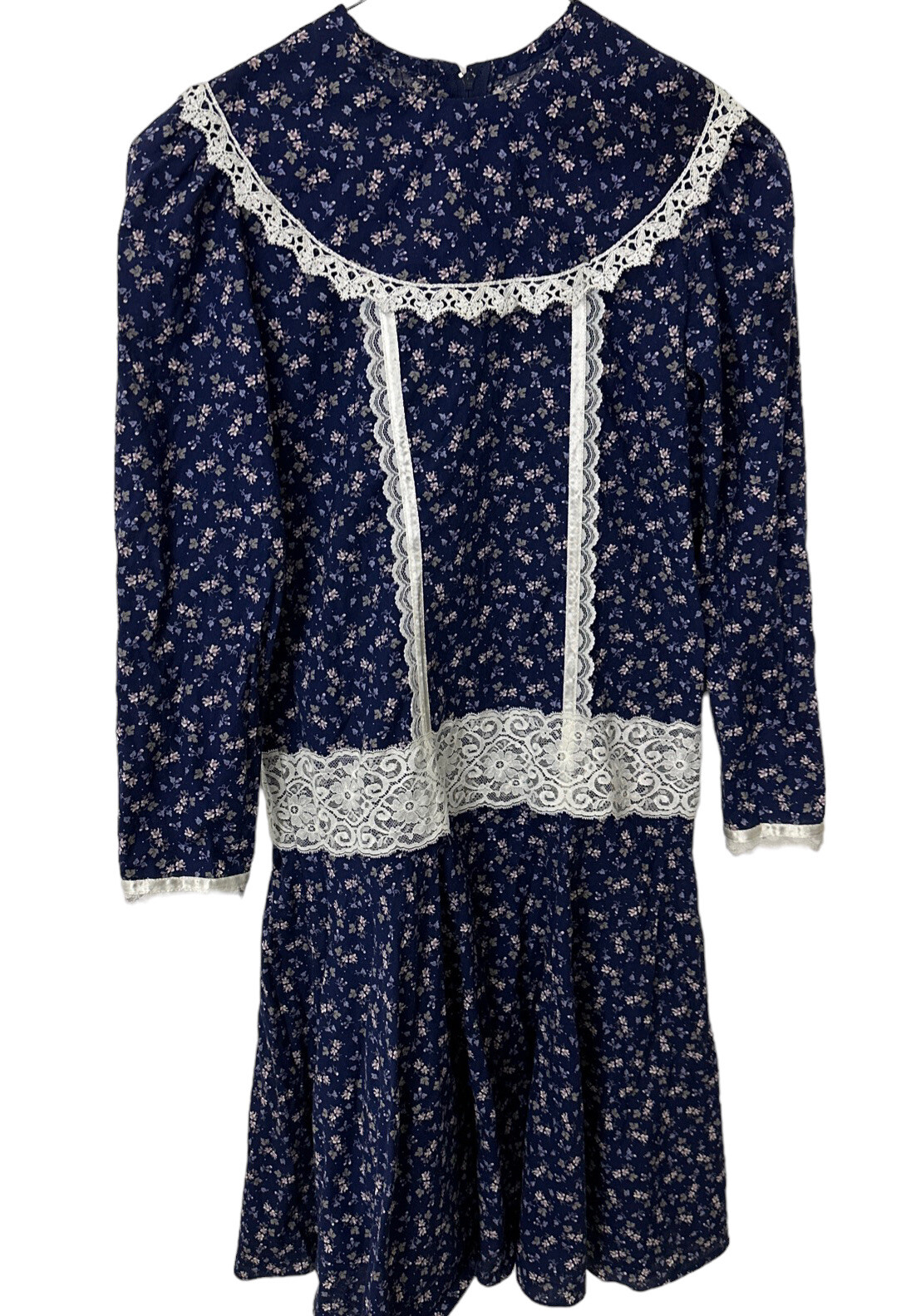 Vintage Gunne Sax Child Blue Calico Prairie Dress White Lace Trim ize 6 ...