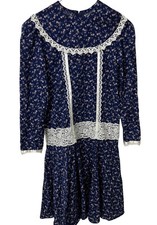 Vintage Gunne Sax Child Blue Calico Prairie Dress White Lace Trim ize 6
