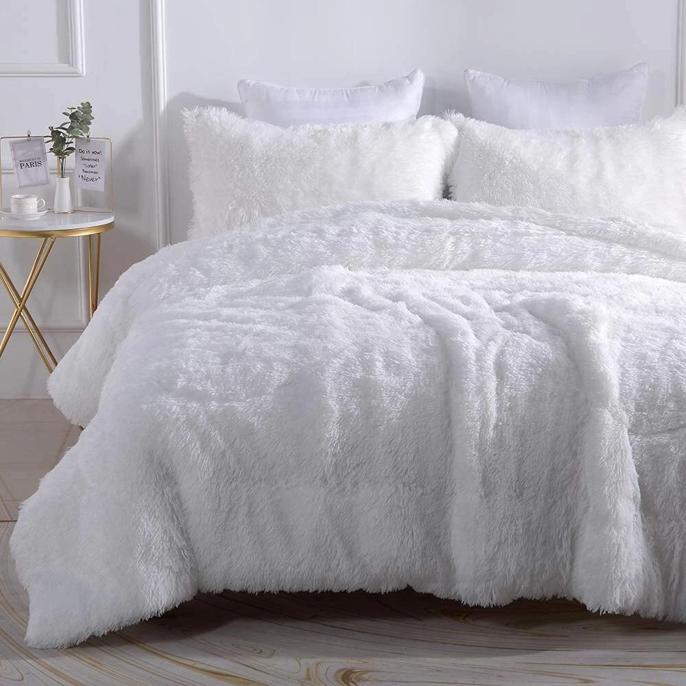 Wajade Faux Fur Plush White Comforter Set Fluffy Fuzzy Shaggy