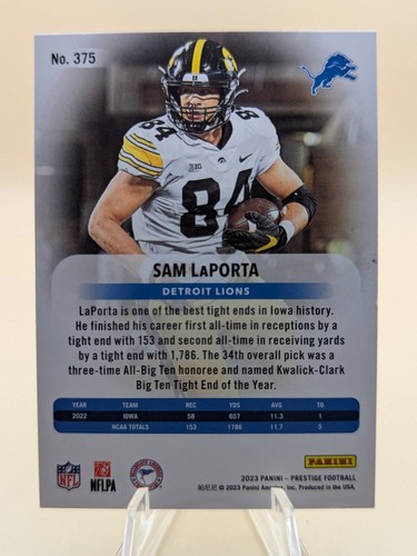 2023 Panini Prestige Football Sam LaPorta Rookie card #375 Detroit Lions RC - Picture 2 of 2
