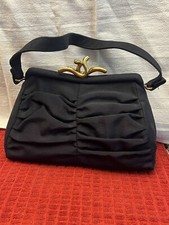 Vintage Black Fabric Clutch Purse Gold Clasp Attached Zipper Pocket For Coins