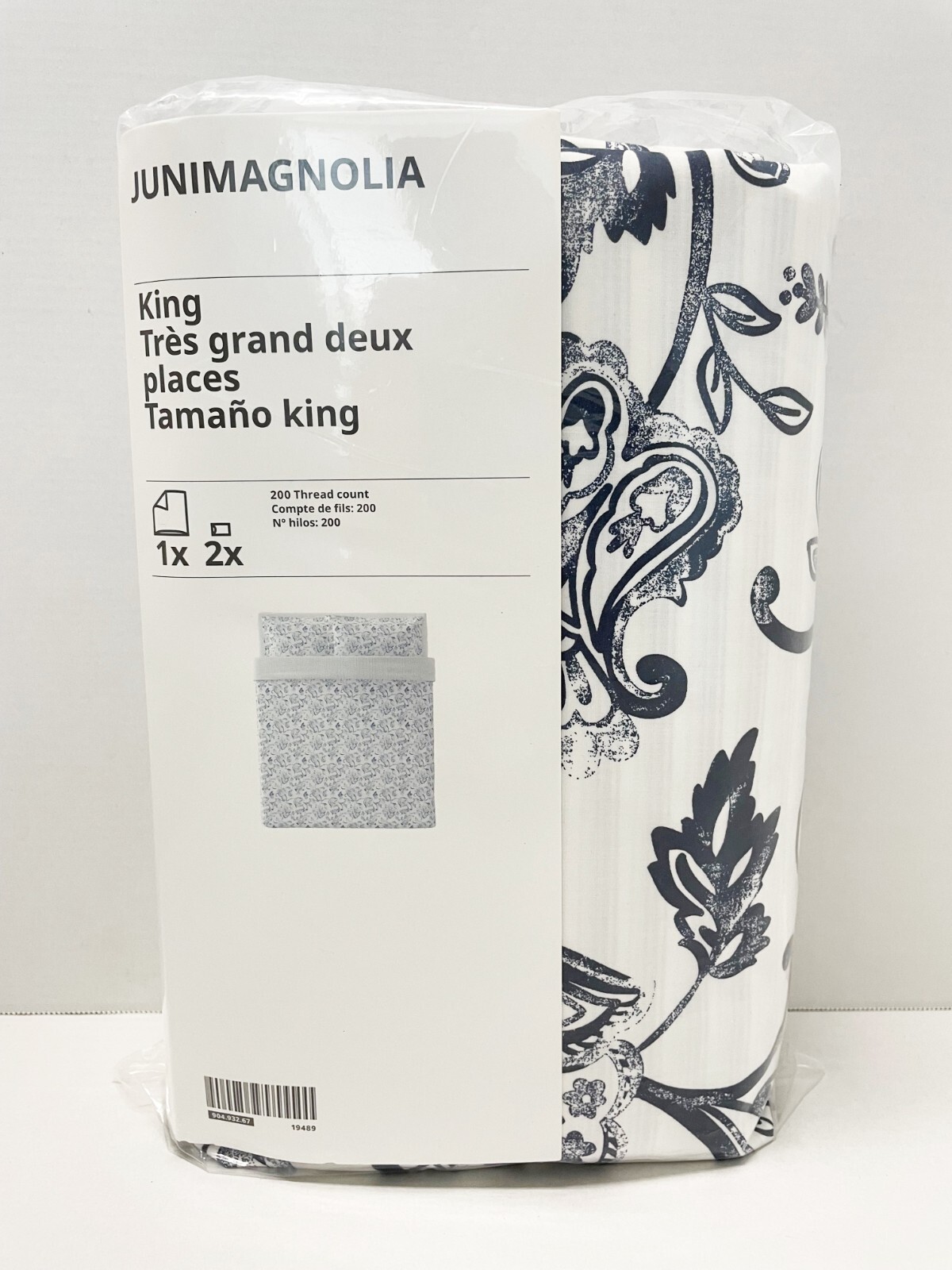 Ikea JUNIMAGNOLIA King Duvet cover and pillowcases white/dark blue