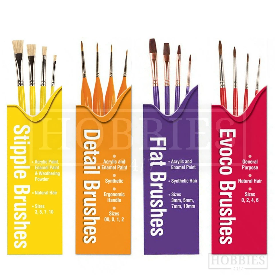 Humbrol Paint Brush Sets Model Hobby Wargaming Evoco Detail Flat Stipple Brushes