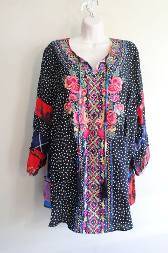 Caleooa Womens 1X Plus Dotted Embroidered Folk Bodice 3/4 Puff Sleeve Rayon Boho - Picture 3 of 7