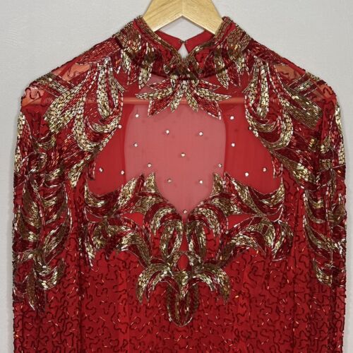 Vintage schwarze Krawatte Neiman Marcus Seide Perlenkleid festlich rot und gold - Bild 2 von 10