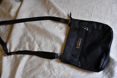 Crazy LONG 47'' HANDLE Black Handbag Purse Faux Leather Lots of Pockets