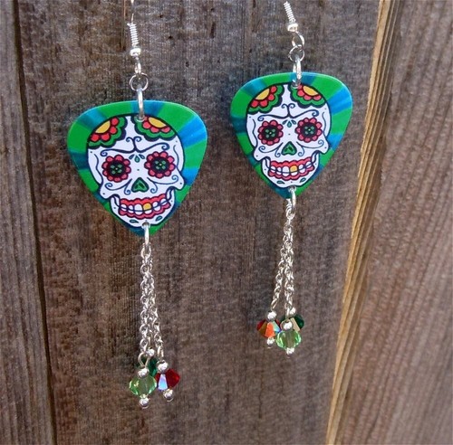 Sugar Skull on a Green Background Guitar Pick Earrings with Swarovski Crystals - Picture 5 of 5