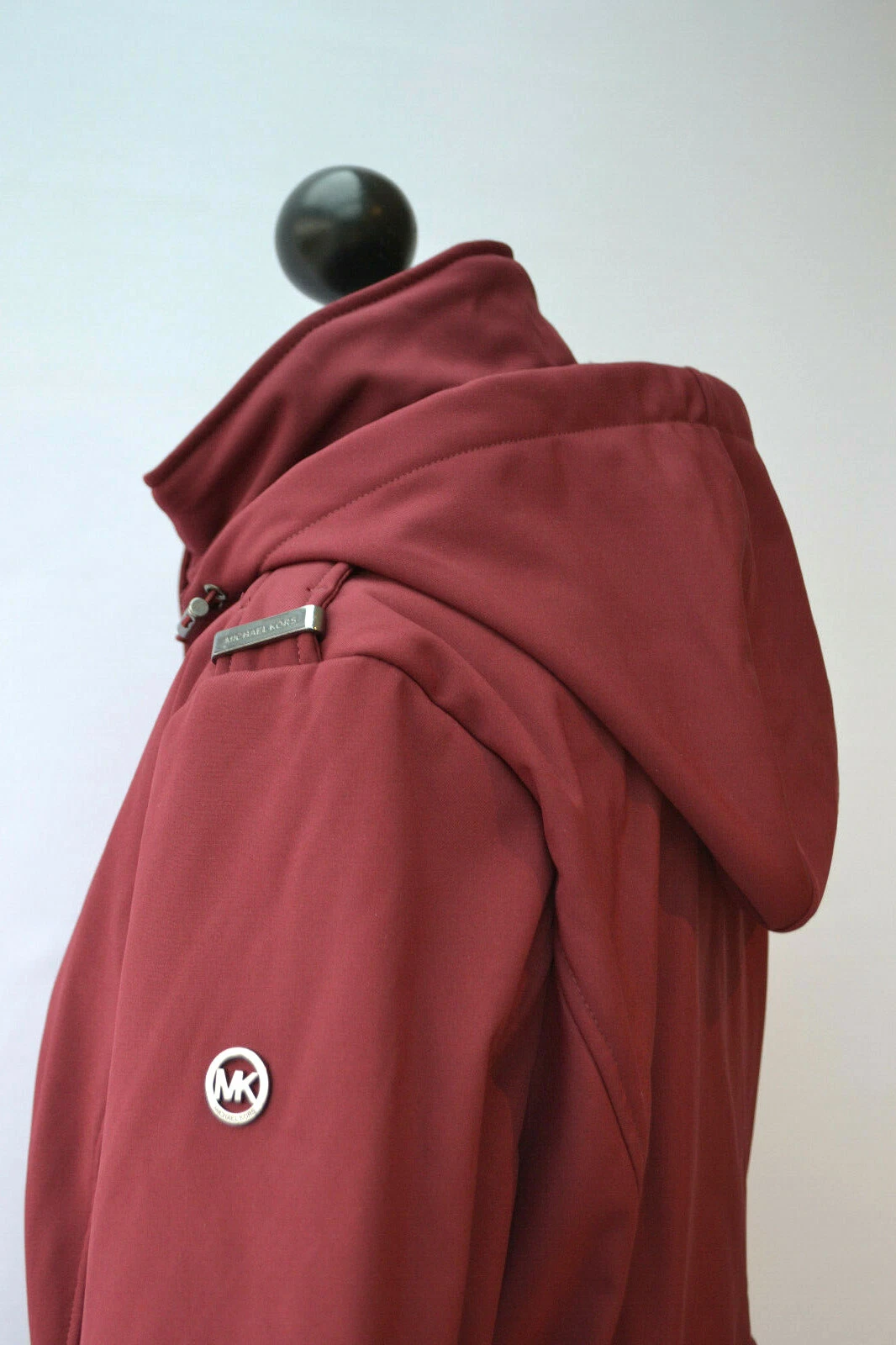 MICHAEL KORS Giacca Militare Cappotto Rosso Profondo Brandy Cappuccio Foderato Pelliccia Water Res Tg. L
