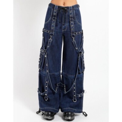 Gothic Blue Jeans Zip Off Pants Punk Buckle Zips Chain Strap Trousers Trip Pant