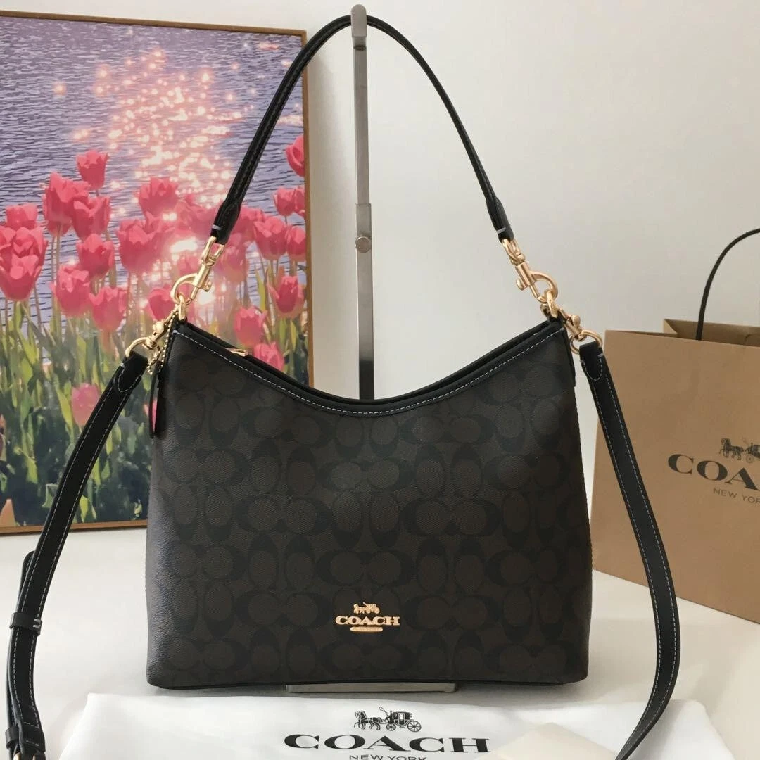 Borsa a tracolla Coach Laurel firma tela CV975 noce nero outlet NUOVA