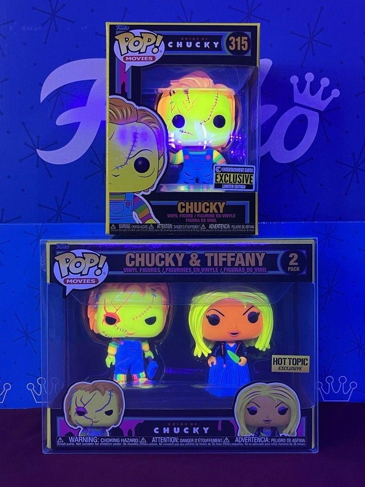 Funko Pop Bride Of Chucky Black Light Lot - Chucky/Tiffany Hot Topic + Chucky EE