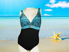 NEW ANTIQUE LACE by GOTTEX black aqua V NECK BATHING SUIT SWIMSUIT 1 pc SZ 8