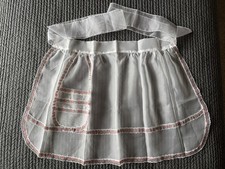Vintage Kitchen Apron 1950s White Chiffon w/ Pink Floral Lace Half Apron Pocket