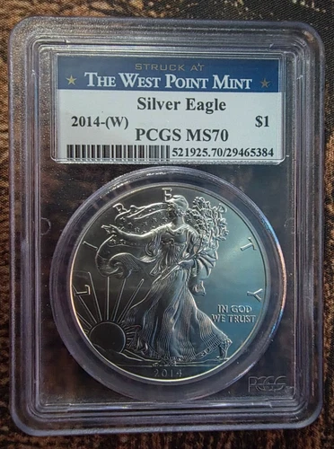 2014-(W) American Silver Eagle PCGS MS70 Struck West Point Mint Label 1oz .999