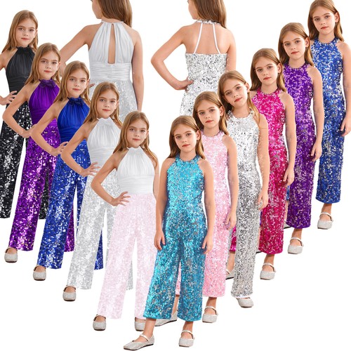 Kids Girls Sequined One-Piece Party Jumpsuit High Waist Pageant Party Prom Gown - Picture 2 of 105