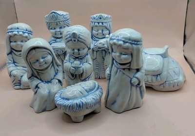 8pc Ceramic Blue Glaze Christmas Nativity Scene UNIQUE Holy Family, Magi, Camel