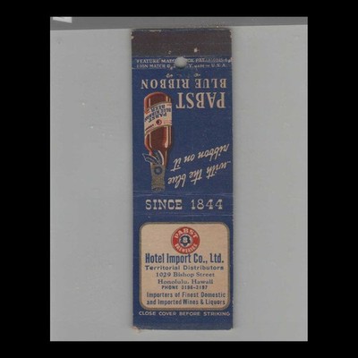 Matchbook Cover Pabst Beer Hotel Import Co Ltd Honolulu HI