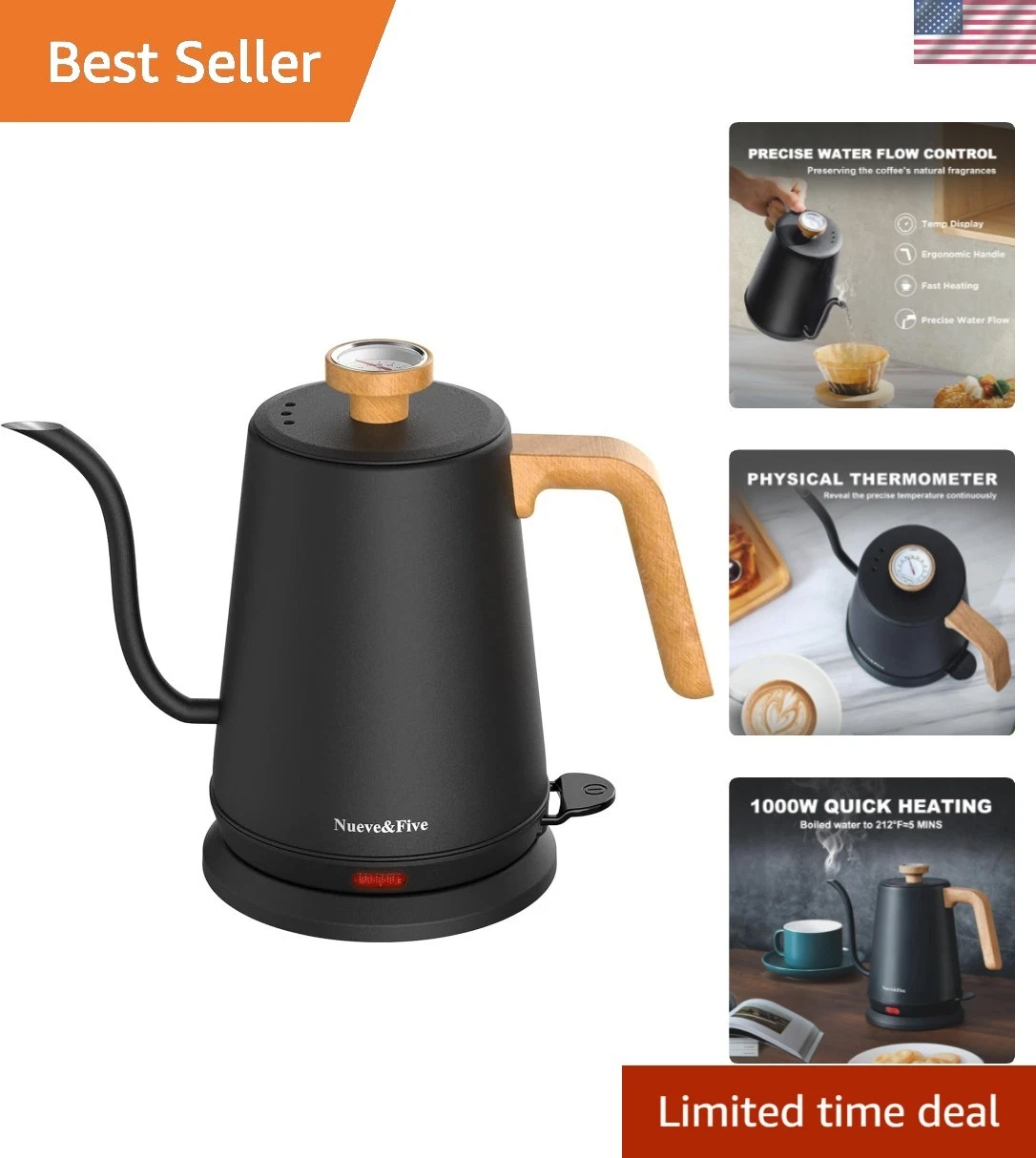 Gooseneck Electric Kettle with Thermometer， Black Electric Kettle 1L with Aut...
Opens in a new wind