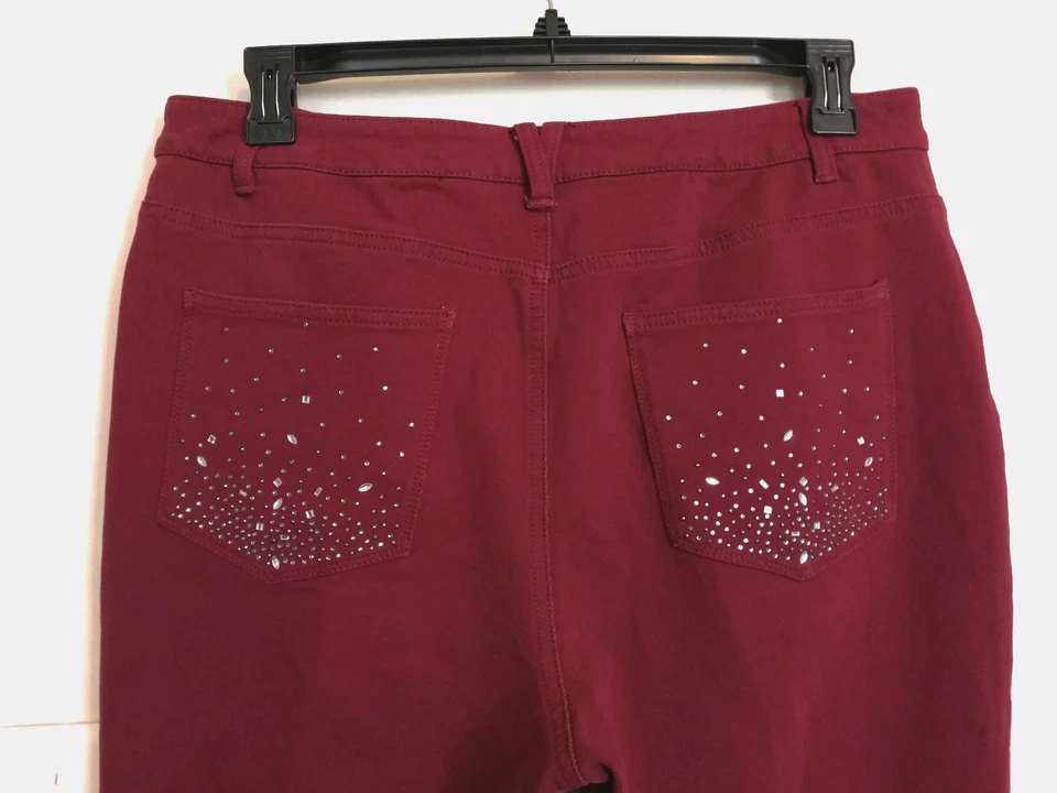 Quacker Factory Womens Pants 14 Short Maroon Stretch Pockets Rhinestone Hearts - Image 3 of 4