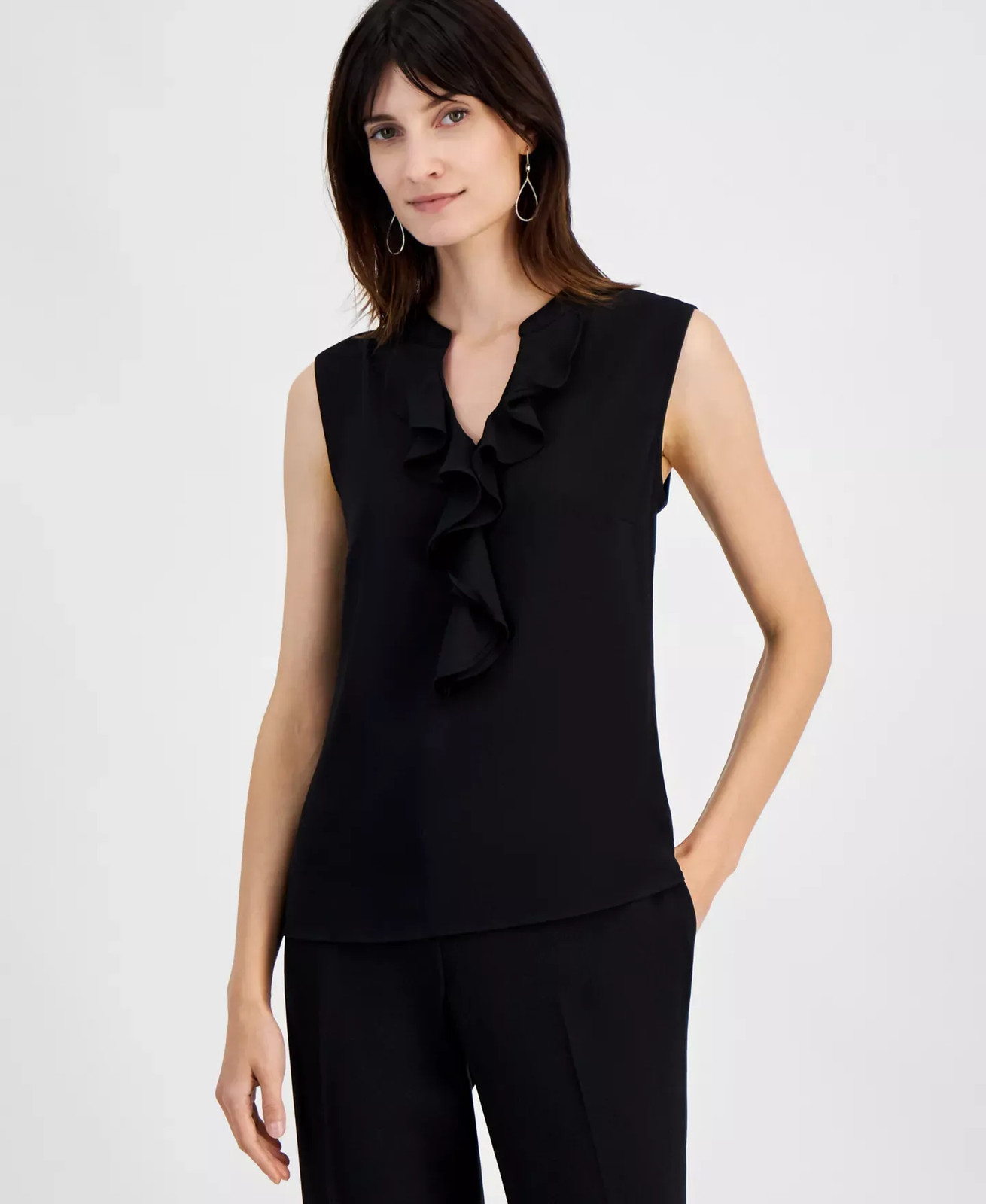 Kasper Women's Top Petite PXL Sleeveless Ruffle-Neck Blouse