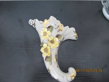 Vintage Porcelain White & Gold w/Yellow Flowers Wall Pocket 6.5" Tall