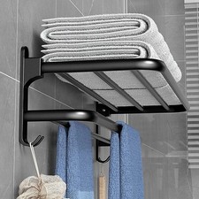 Matte Black Folding Towel Rack Wall Mount Aluminum Holder Hook Shelf 50CM Bar St