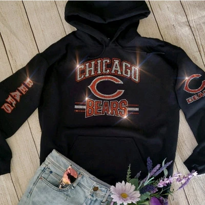 GILDAN Chicago Bears Bling Hoodie or Crewneck Sweatshirt Blue or Black Sz S-5X Unisex