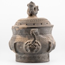 Chinese Archaic Vessel Terracotta Pottery Censer Pierced Cover Dragon Late 20C