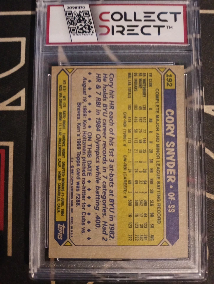 1987 Topps - Cory Snyder #192 Auténtico Automático En Tarjeta Copa Oro Foto 2 de 2