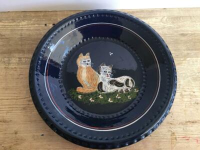 Cute Cat Hand Painted Cobalt Blue Redware Plate EUC About 9''