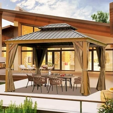 Domi 10'x14' Hardtop Gazebo w/Wooden Coated Aluminum Frame ,Curtains&Netting