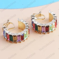 CLIP ON 2.5cm CRYSTAL HOOPS multi EARRINGS rhinestone BAGUETTE huggie hoop