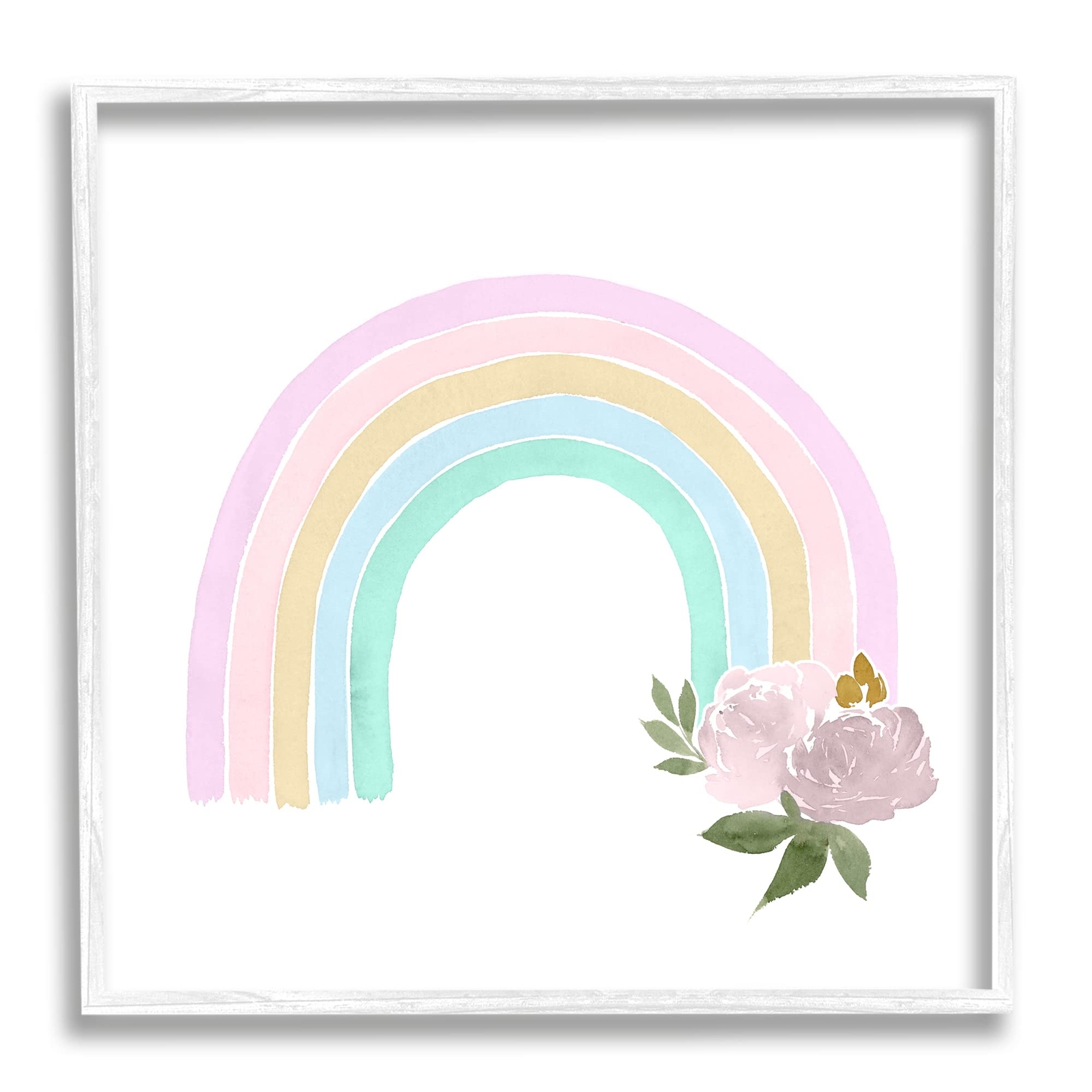 Children's Pastel Rainbow Arch Pink Rose Blossoms White Framed Wall Art, 17 x 17