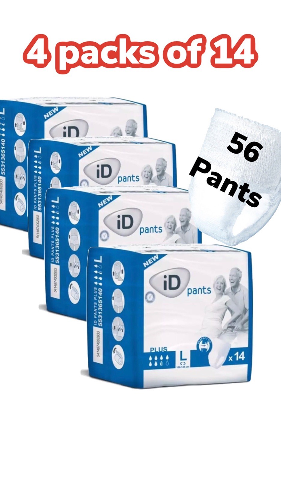 iD Pants Plus Large Case Saver 4 Packs of 14 Incontinence Pants Adult
