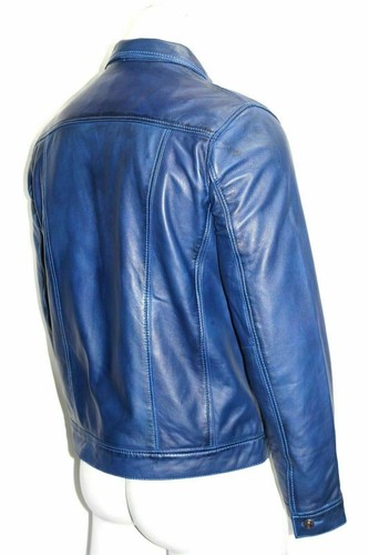 Men's Blue Genuine Lambskin Leather Trucker Jacket Biker Denim Shirt Style - Picture 8 of 9