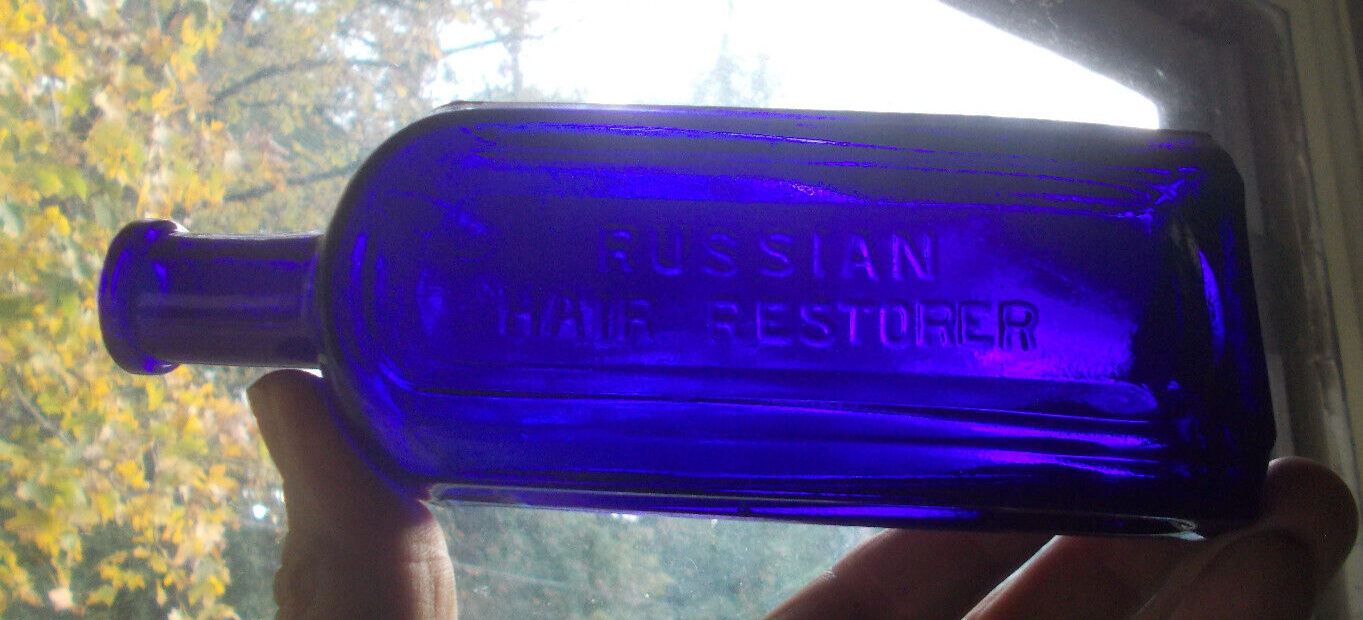 RARE DEEP COBALT RUSSIAN HAIR RESTORER 1890s PANELED UK HAIR BOTTLE