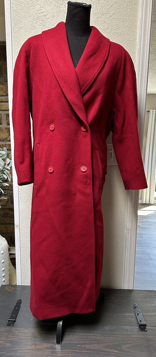 VTG Josh Evan Women's Long Red Coat Sz 10 100% Virgin Wool Double
