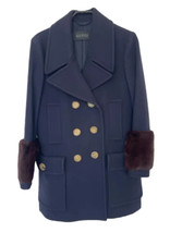 Navy Double Breasted Wool Coat With Dyed Mink Fur Cuffs It 38